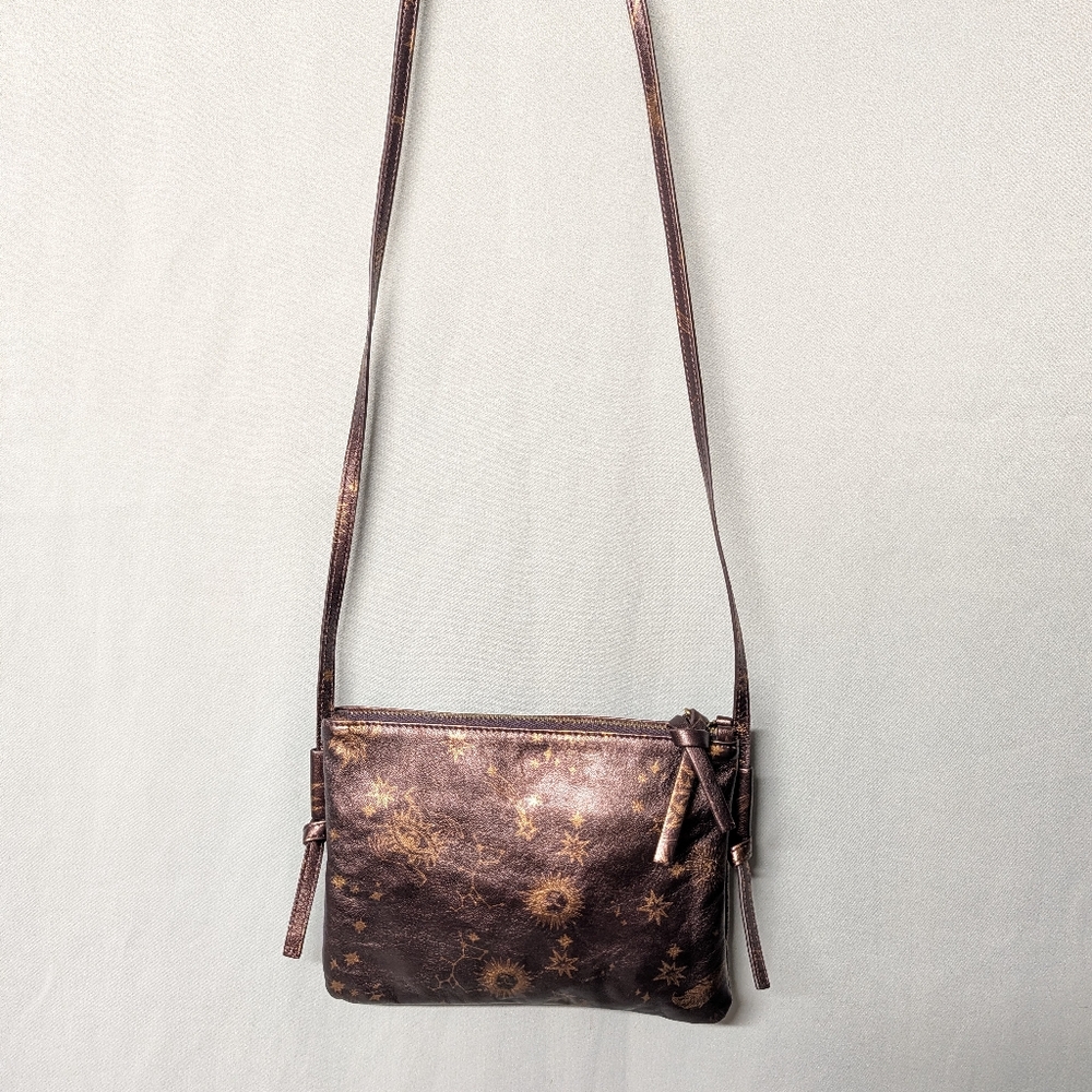 Johnny Was ⭐ Italian Metallic Brown Leather Gold Celestial Print Crossbody Bag